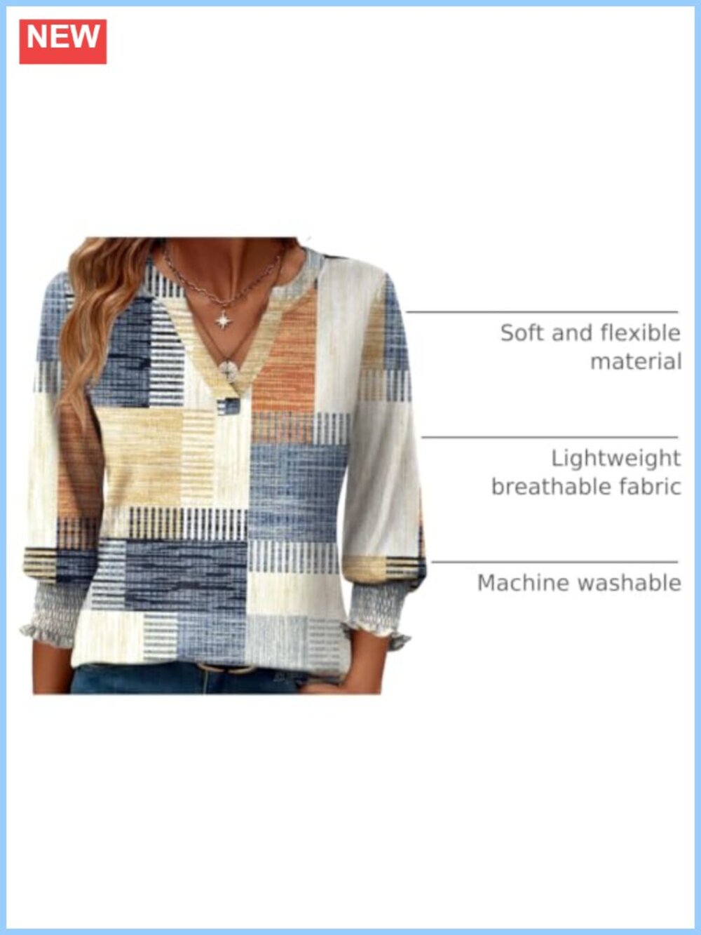 Women's 3/4 Sleeve V-Neck Ruffle Cuff Blouse Business Casual Top - Picture 3 of 6